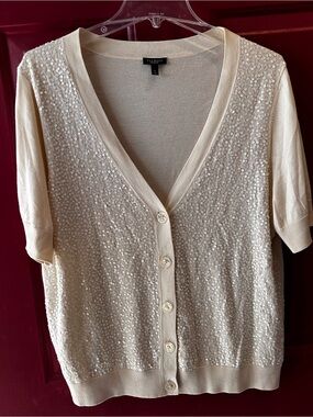 Talbots s XL Ivory Sequin Short Sleeve V-Neck Cardigan-silky cotton/rayon blend